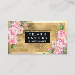 Or métallique   Carte de visite de fleurs roses