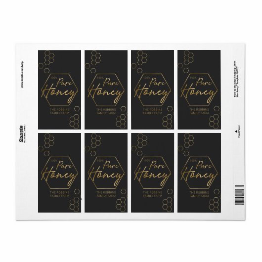 Or moderne 100% Pure Miel Jar Étiquette Apiary Nom (Feuille entière)