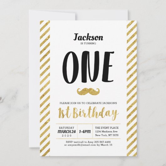 Or, Moustache | Invitation pour le premier anniver (Devant)