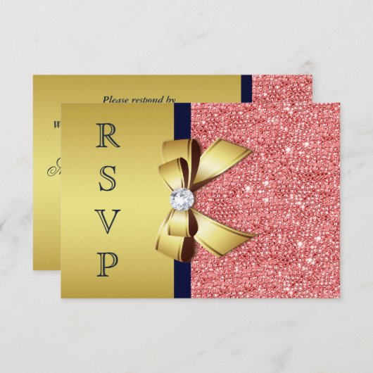 Or Navy Corail Sequins Diamants Nœud RSVP (Devant / Derrière)