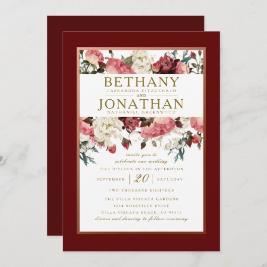 Or rose et Faire-part de mariage floral bourguigno (Devant / Derrière)