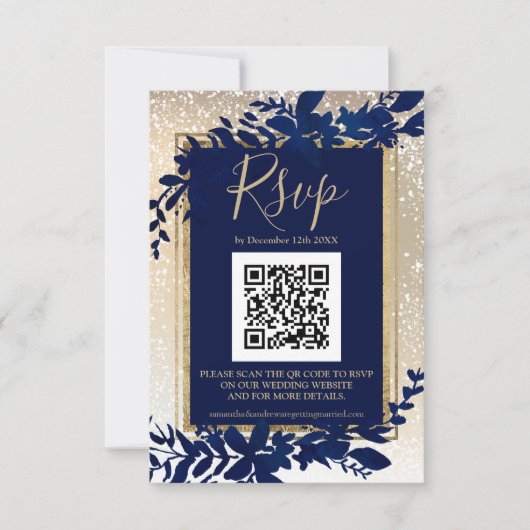 or script bleu feuille neige élégant hiver QR rsvp (Devant)