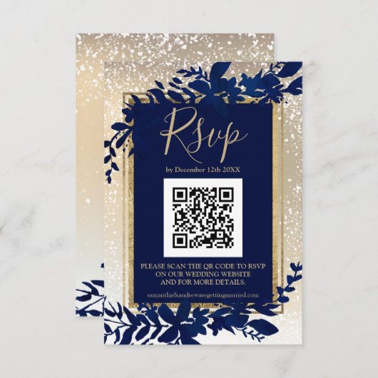 or script bleu feuille neige élégant hiver QR rsvp (Devant / Derrière)