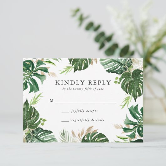 Or tropical | Carte RSVP de mariage (Debout devant)
