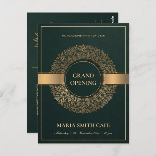 OR VERT ORNATE MANDALA GRAND OUVERTURE INVITATION (Devant / Derrière)