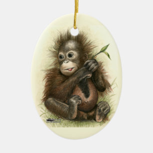 Orang-oetanbaby met bladeren keramisch ornament