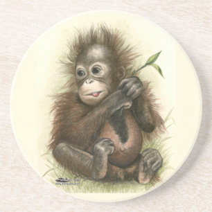 Orang-oetanbaby met bladeren zandsteen onderzetter