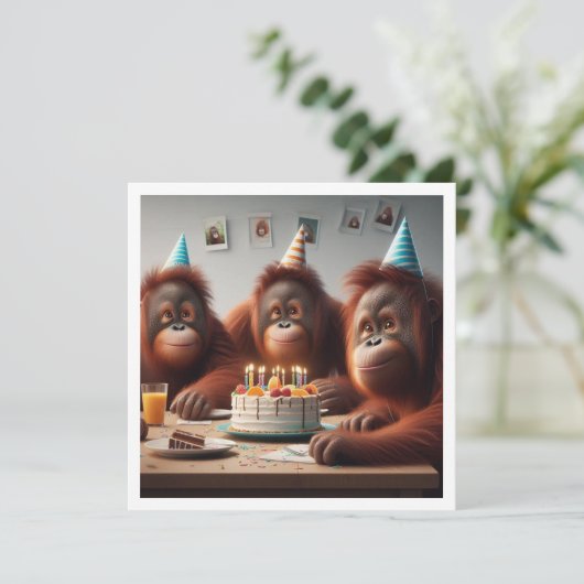 Orang-oetangs vieren, aap afbeelding verjaardag kaart (Staand voorkant)