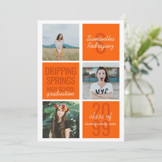 Orange 3-Photo Fun Boxes Graduation Invitation (Debout devant)