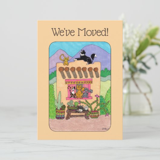 Orange Adobe House & Cats Moving Faire-part (Debout devant)