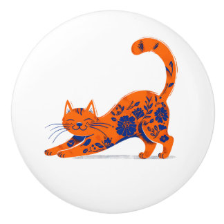 Orange and Blue Floral Cat Door Pull Keramische Knop