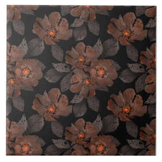 Orange and brown flowers on a black background. tegeltje