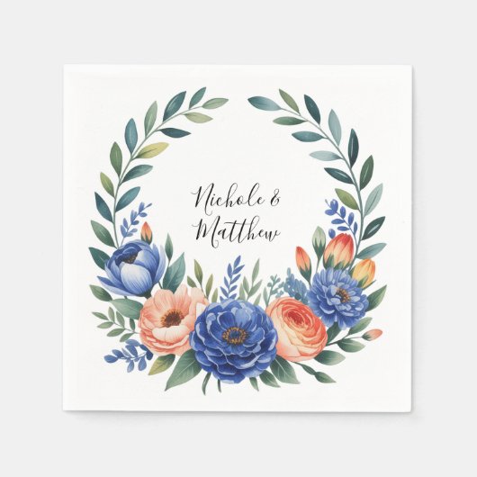 Orange and Cobalt Blue Floral Wedding Servet (Voorkant)