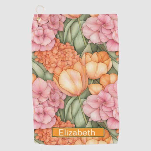 Orange and Pink Tulip Flowers Personalized Golfhanddoek (Voorkant)