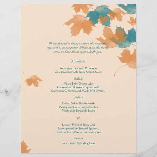 Orange Aqua Autumn Maple Leaf Mariage Menu (Devant)
