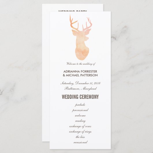 Orange Aquarelle Antler Mariage Moderne Programme (Devant / Derrière)