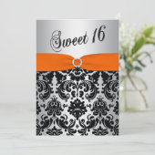 Orange, Argent, Black Damask Sweet 16 Invitation (Debout devant)