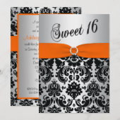 Orange, Argent, Black Damask Sweet 16 Invitation (Devant / Derrière)
