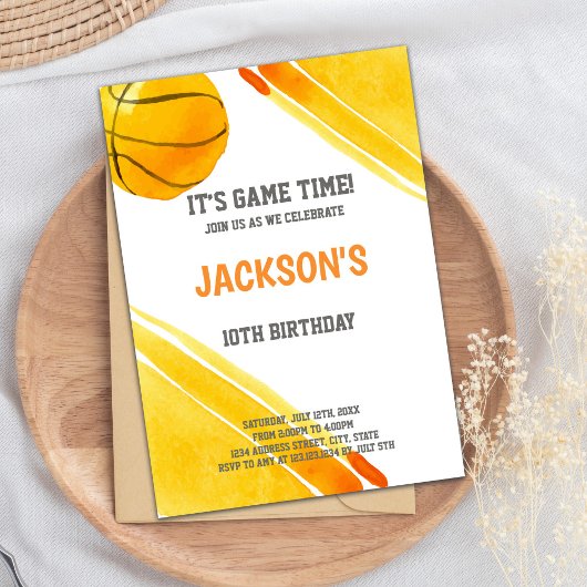 Orange Ball Watercolor Basketball Invitations