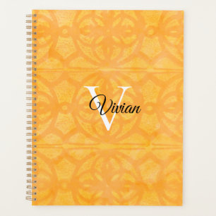 Orange Batik Élégant Monogramme Nom Planificateur