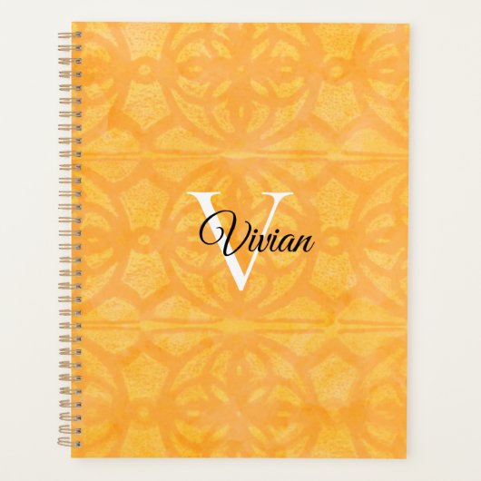 Orange Batik Élégant Monogramme Nom Planificateur (Devant)