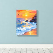 Orange Beach Sunset | Coastal Painting Canvas Afdruk (Insitu (Houten vloer))