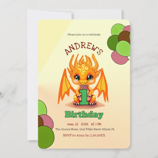 Orange Birthday Dragon invitation (Devant)