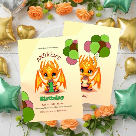 Orange Birthday Dragon invitation Kaart