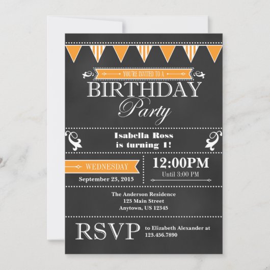 Orange Black Chalkboard Invitation d'anniversaire (Devant)
