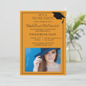 Orange Black College Trunk Party Photo Invitation (Debout devant)