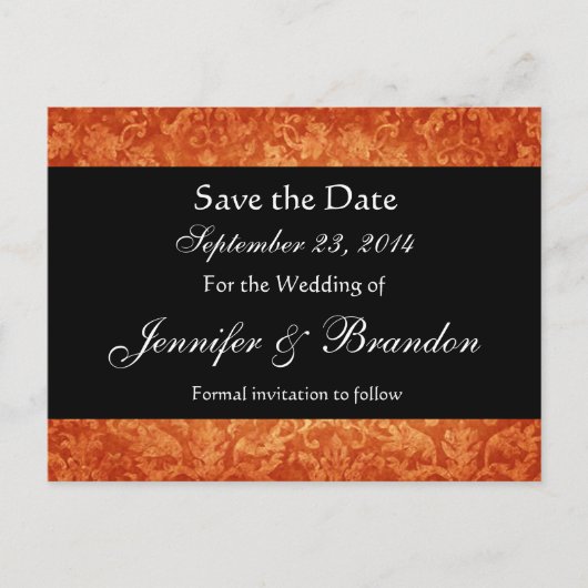 Orange & Black Damask Enregistrer La Date Carte Po (Devant)