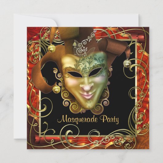 Orange Black Gold Masquerade Party Invitations (Devant)