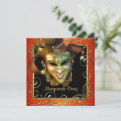 Orange Black Gold Masquerade Party Invitations (Debout devant)