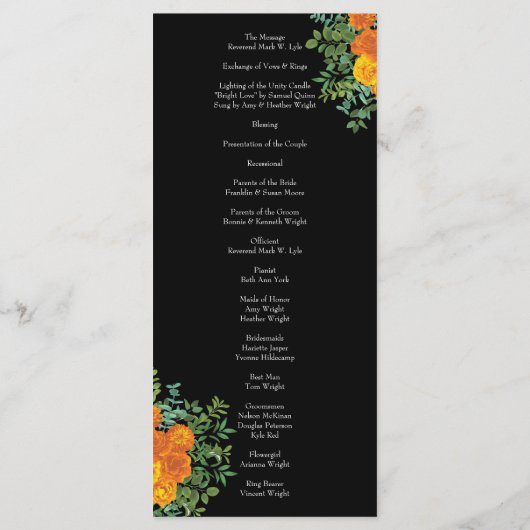 Orange Black Gothic Peony & Rose Wedding Programme (Dos)