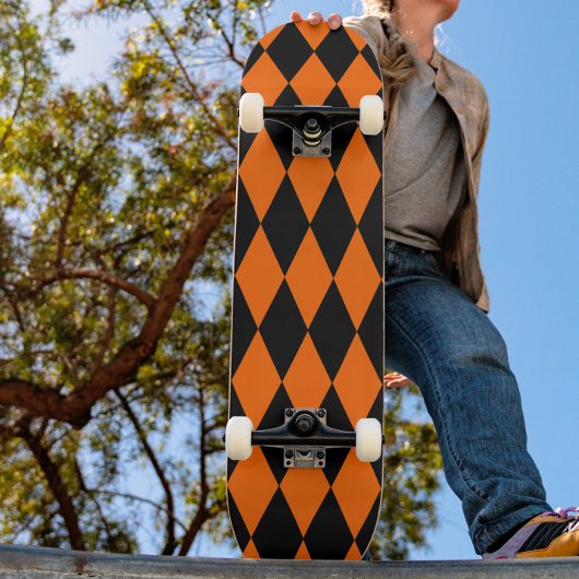 Orange Black Harlequin Diamonds Checkers Design  Skateboard
