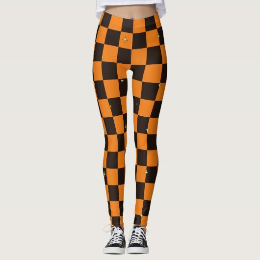 Orange & Black Plaid Halloween Leggings With Stars (Voorkant)