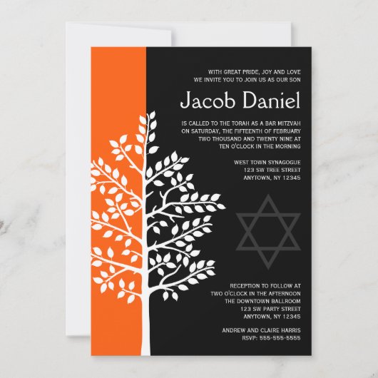 Orange Black Tree of Life Bar Mitzvah Invitations (Devant)
