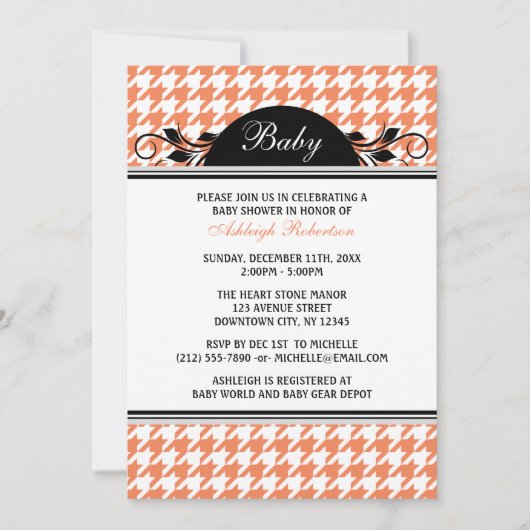Orange & Blanc Houndstooth Baby Shower Invitations (Devant)