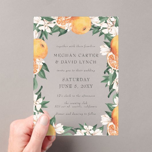 Orange Blossoms Citrus Botanical Wedding  Acryl Uitnodigingen (Insitu (Draagbaar))