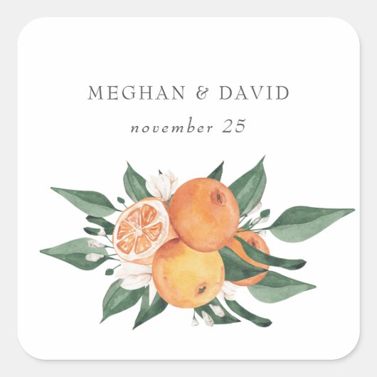 Orange Blossoms Citrus Botanical Wedding  Vierkante Sticker (Voorkant)