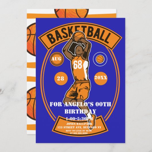 Orange Blue Basketball Invitations de fête d'anniv (Devant / Derrière)