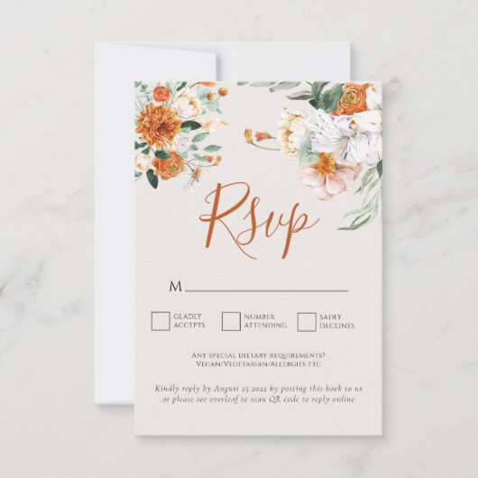 Orange Boho Automne Floral QR Code Mariage Carte R (Devant)