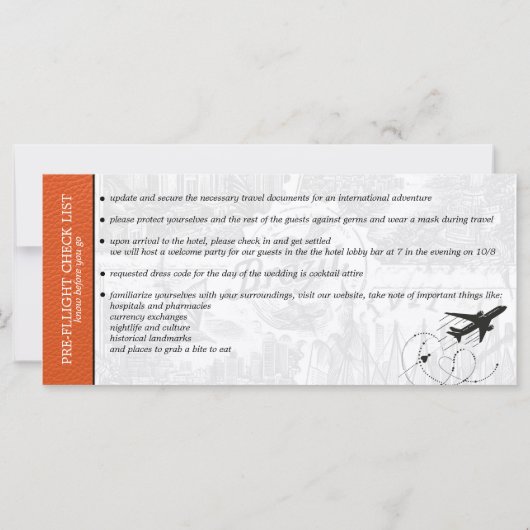 Orange Brésil Mariage Boarding Pass Invitation (Dos)