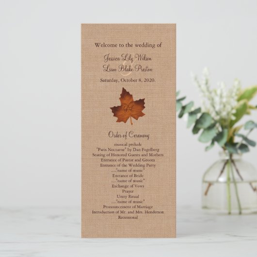 Orange Burlap Monogrammed Wedding Programme (Debout devant)