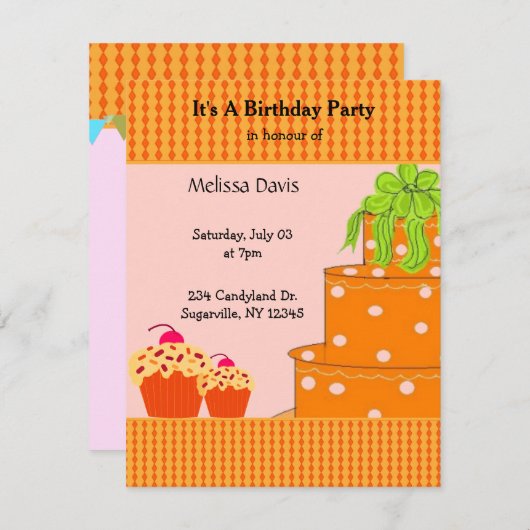 Orange Cake and Cupcakes Invitation Anniversaire (Devant / Derrière)