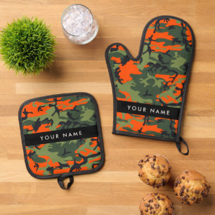 Orange Camouflage Pattern, Your name, Personalize Ovenwant & Pannenlap Set