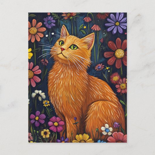 Orange Cat Amid Colorful Blossoms Briefkaart (Voorkant)