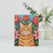 Orange Cat Folk Art Flowers Briefkaart (Staand voorkant)
