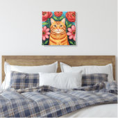 Orange Cat Folk Art Flowers Canvas Afdruk (Insitu (Slaapkamer))