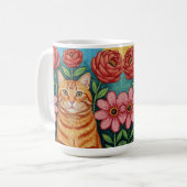 Orange Cat Folk Art Flowers Koffiemok (Voorkant links)